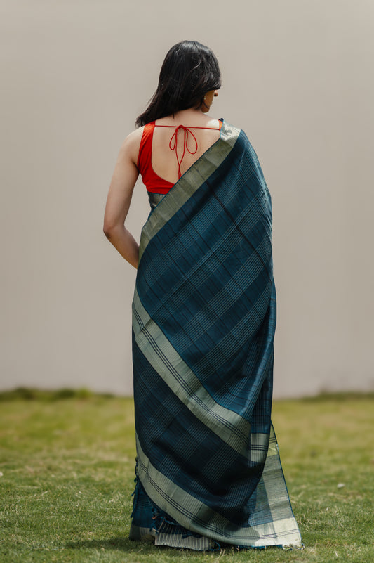 Nila, peacock blue semi tussar saree by Pink Trumpet, view 5