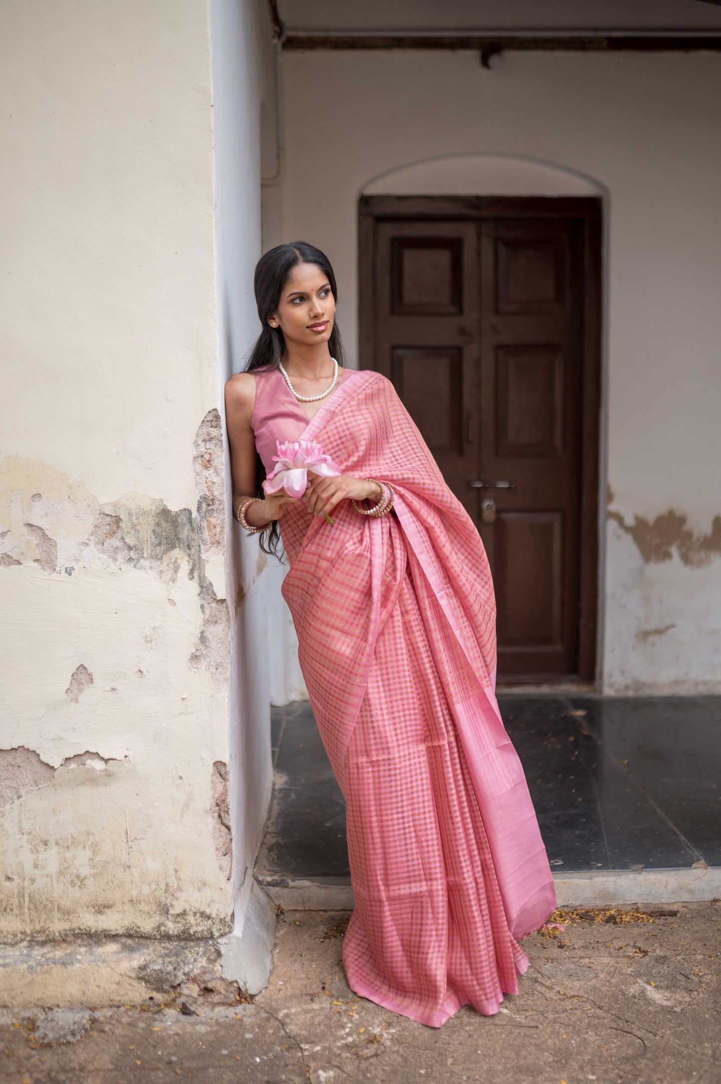 Pastel Pink Zari Check Cotton Saree