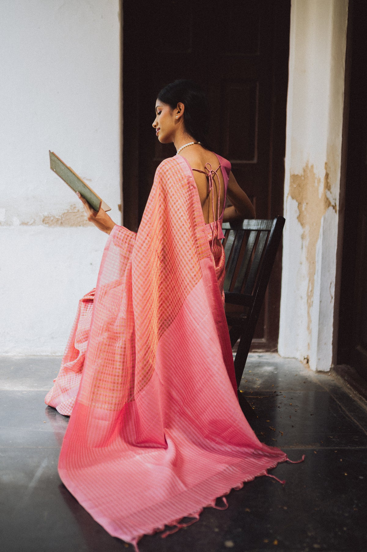 Kamala, pastel pink zari check cotton saree by Pink Trumpet, view 6