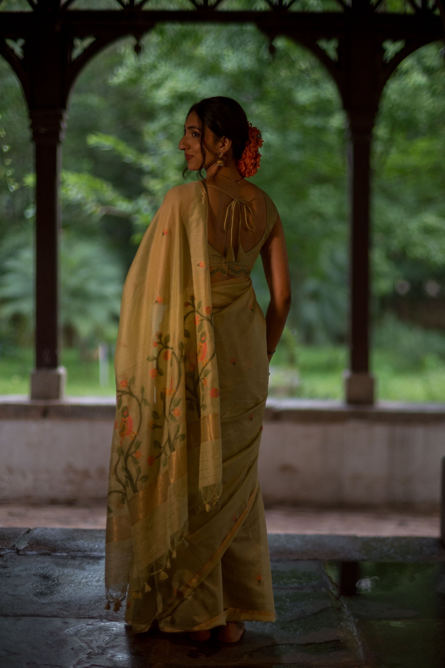 Pista Green Jamdhani Cotton Saree
