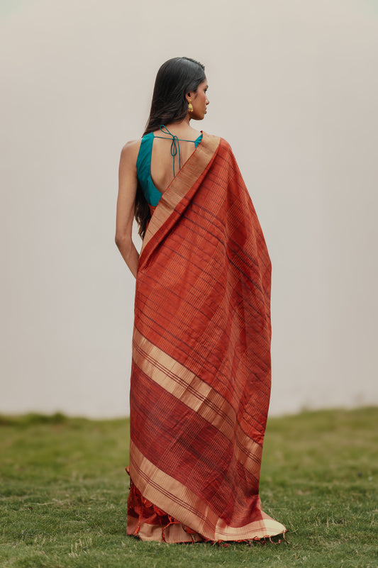 Palasha, rustic red semi tussar silk saree by Pink Trumpet, view 5