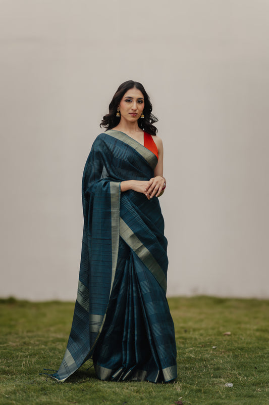 Nila, peacock blue semi tussar saree by Pink Trumpet