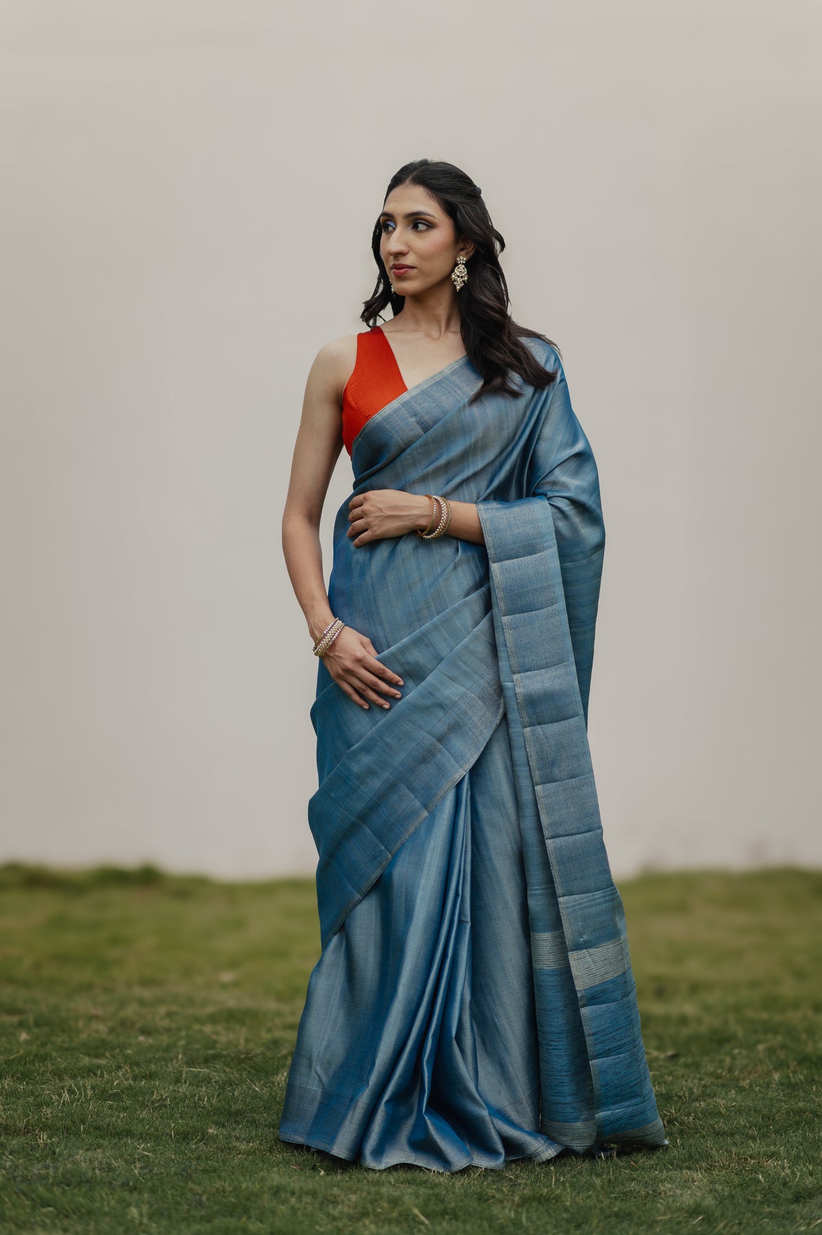 Indu, aqua blue semi tussar saree by Pink Trumpet