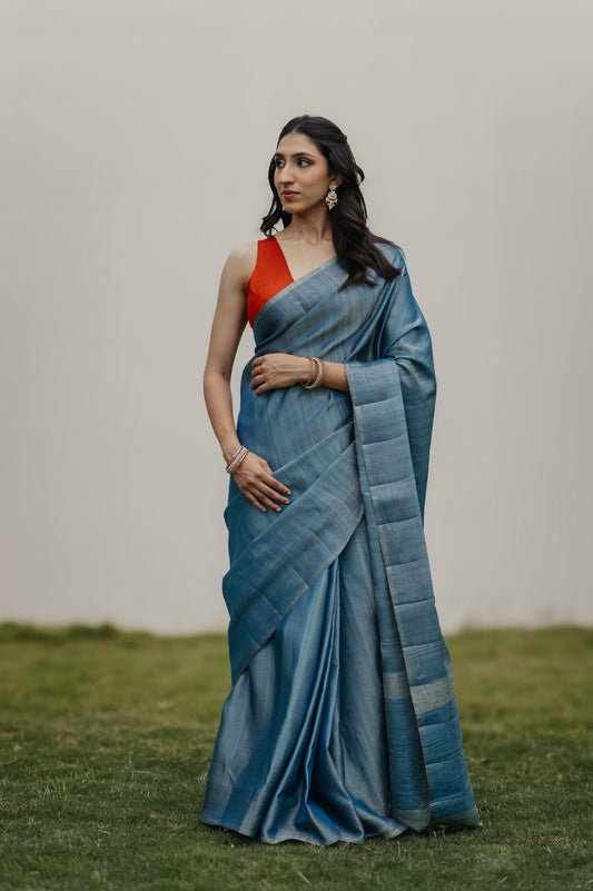Indu, aqua blue semi tussar saree by Pink Trumpet