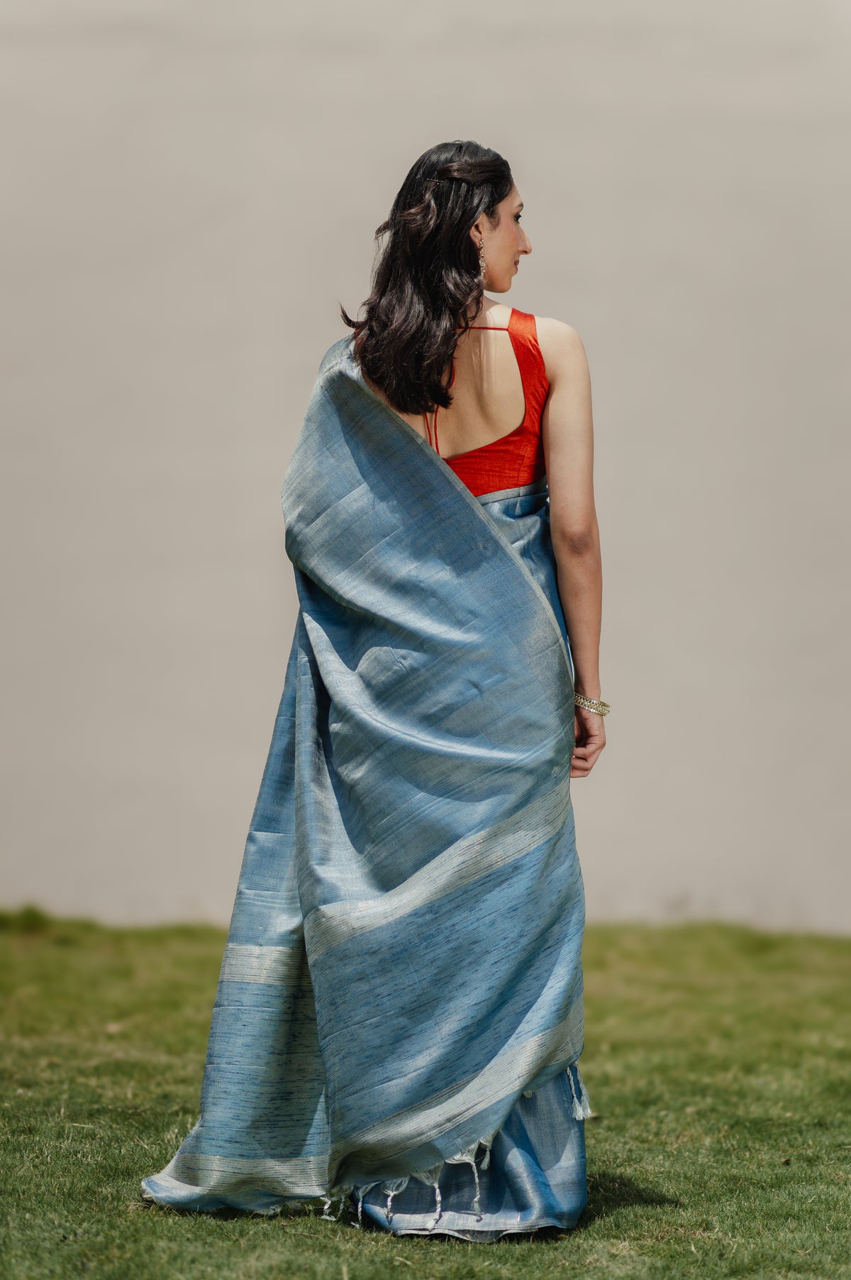 Indu, aqua blue semi tussar saree by Pink Trumpet, view 5