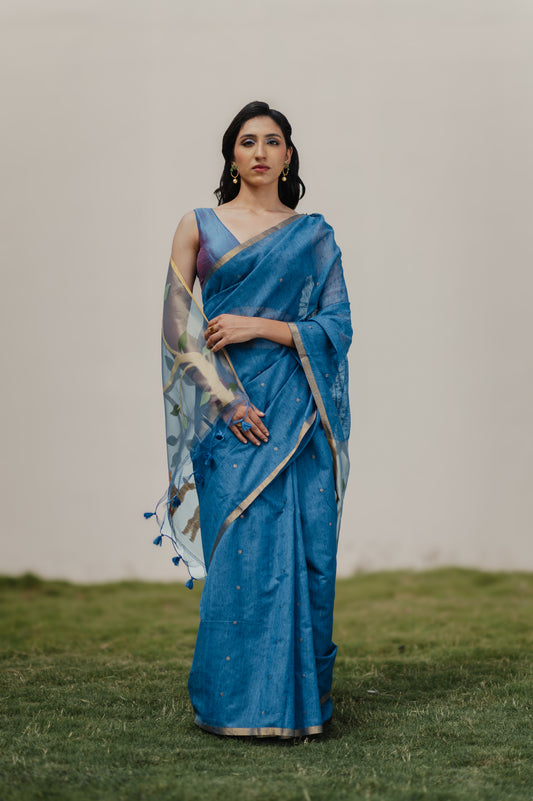 Mayuri, peacock blue Jamdani linen cotton saree by Pink Trumpet