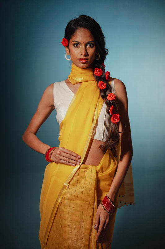 Kanak, dull yellow tissue cotton saree by Pink Trumpet