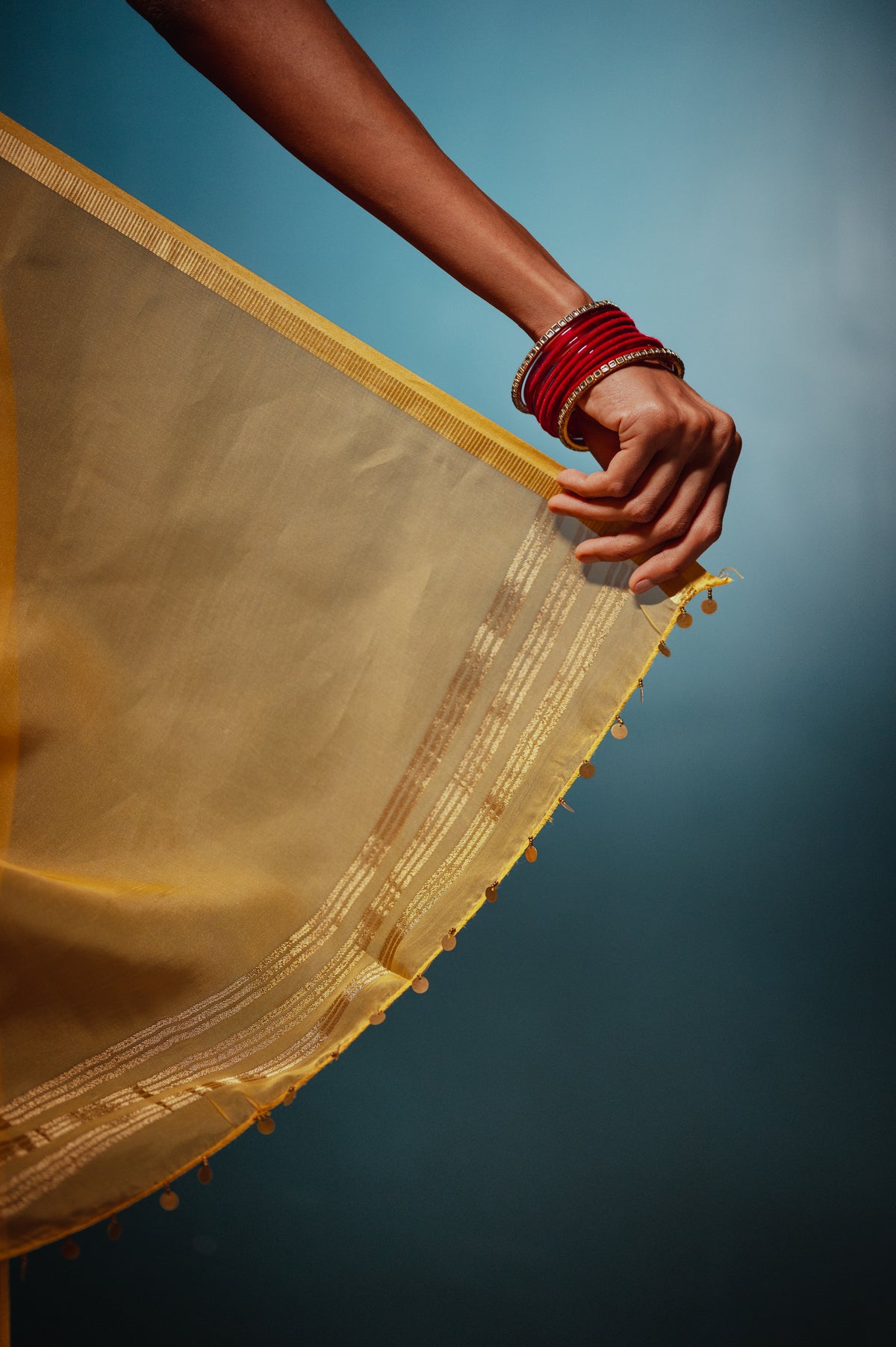 Kanak, dull yellow tissue cotton saree by Pink Trumpet, view 6