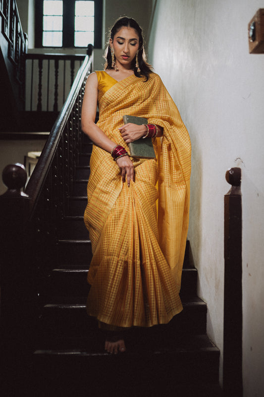 Arni, pastel zari check cotton saree by Pink Trumpet, view 4
