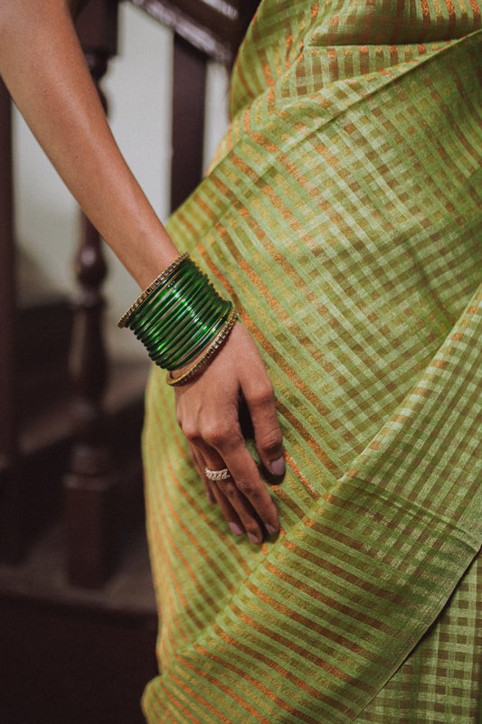Diti, sage green zari check cotton saree by Pink Trumpet, view 5