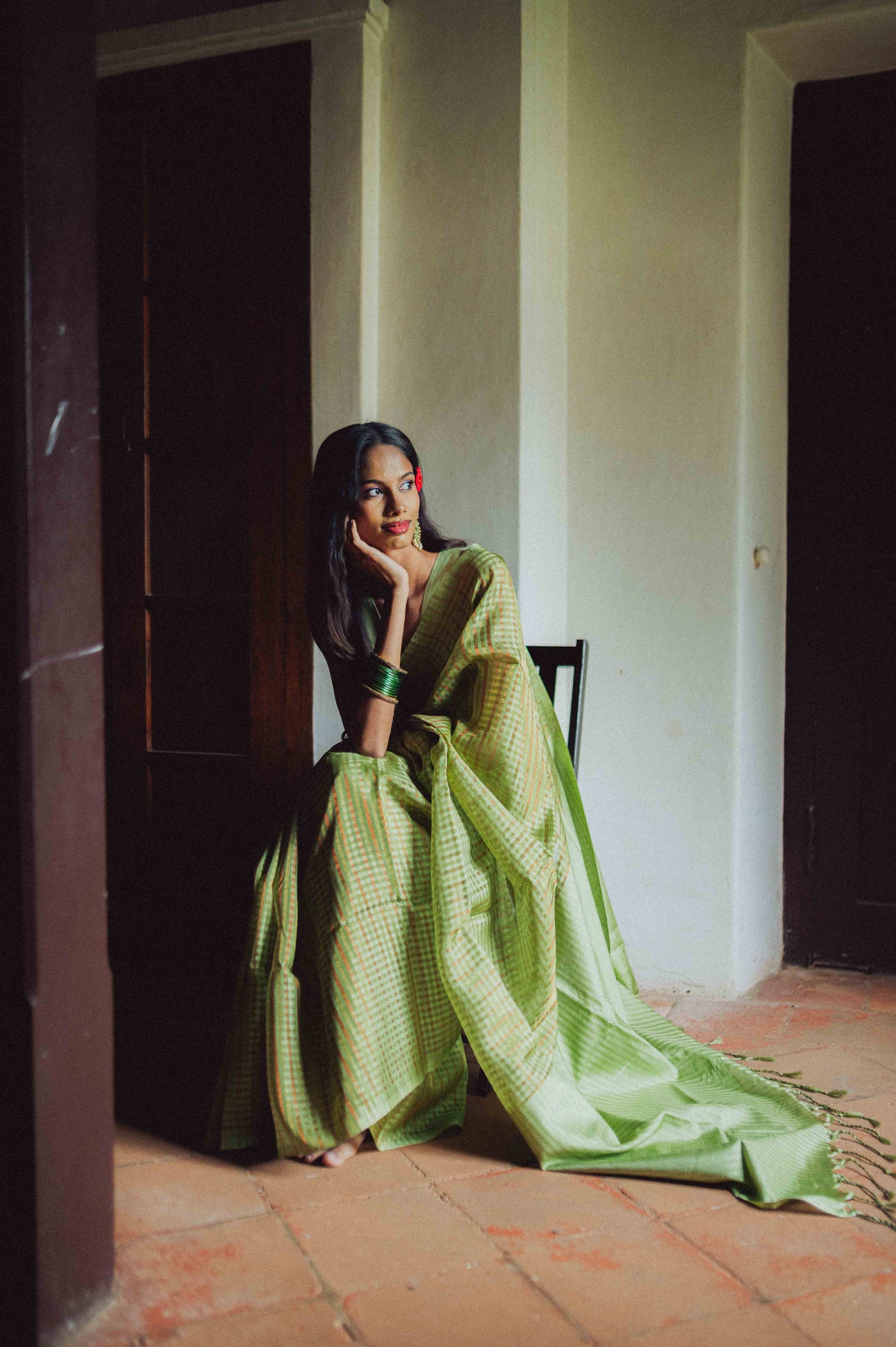 Sage Green Zari Check Cotton Saree