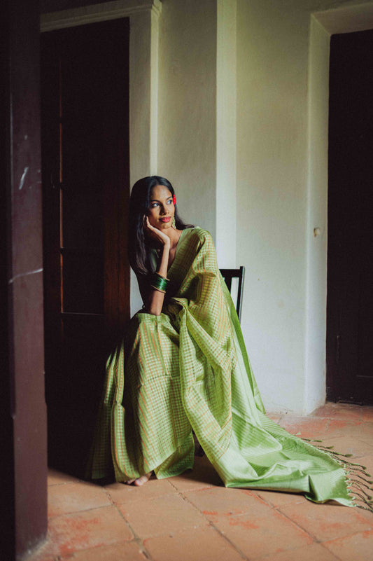 Sage Green Zari Check Cotton Saree