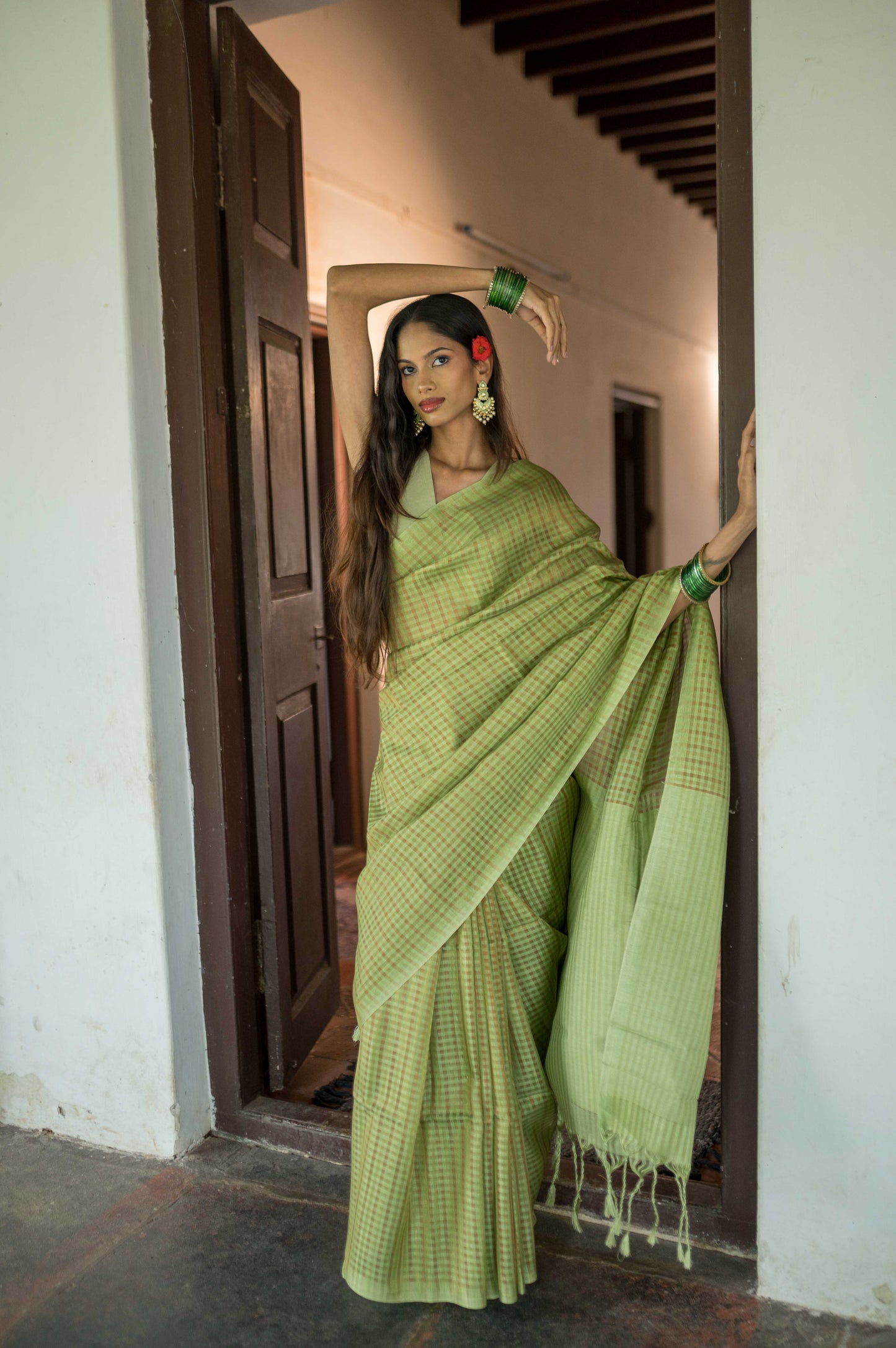 Sage Green Zari Check Cotton Saree