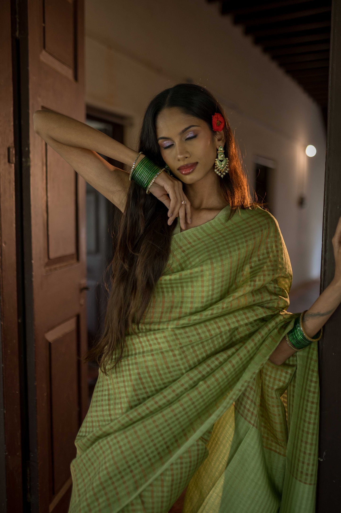 Sage Green Zari Check Cotton Saree