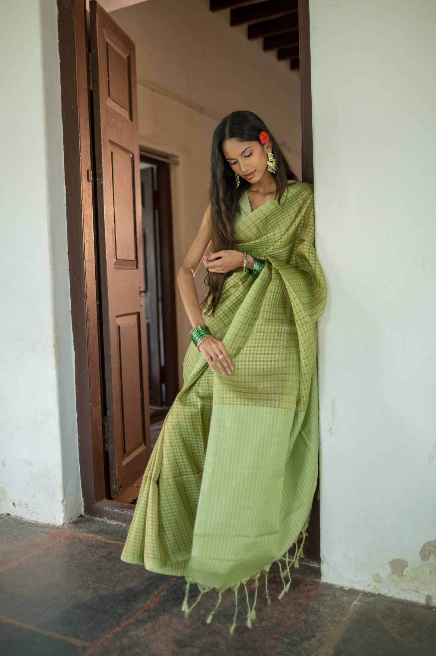 Sage Green Zari Check Cotton Saree