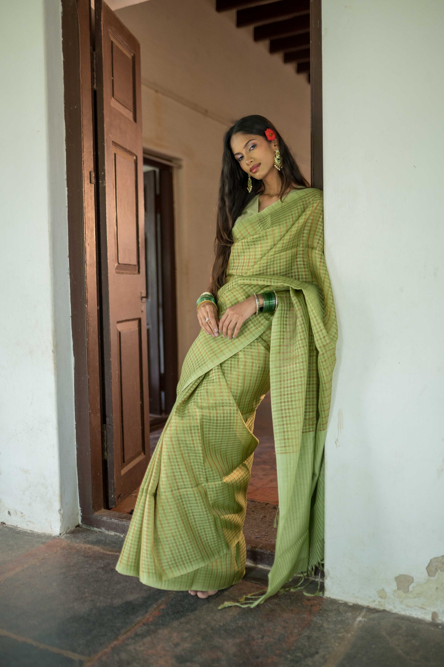 Sage Green Zari Check Cotton Saree
