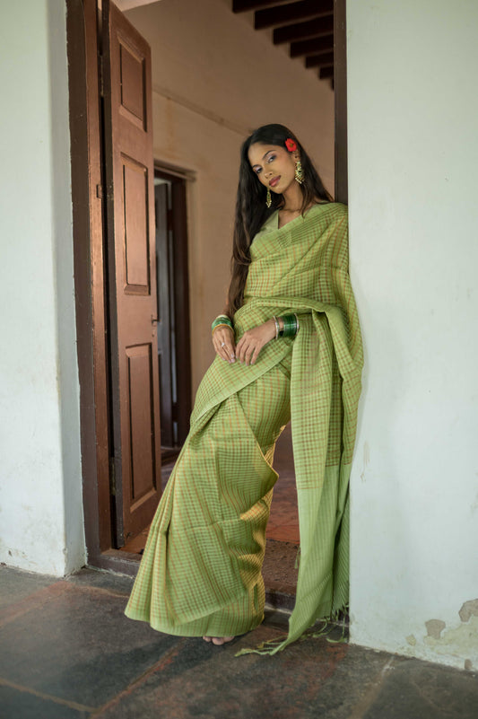 Diti, sage green zari check cotton saree by Pink Trumpet, view 4
