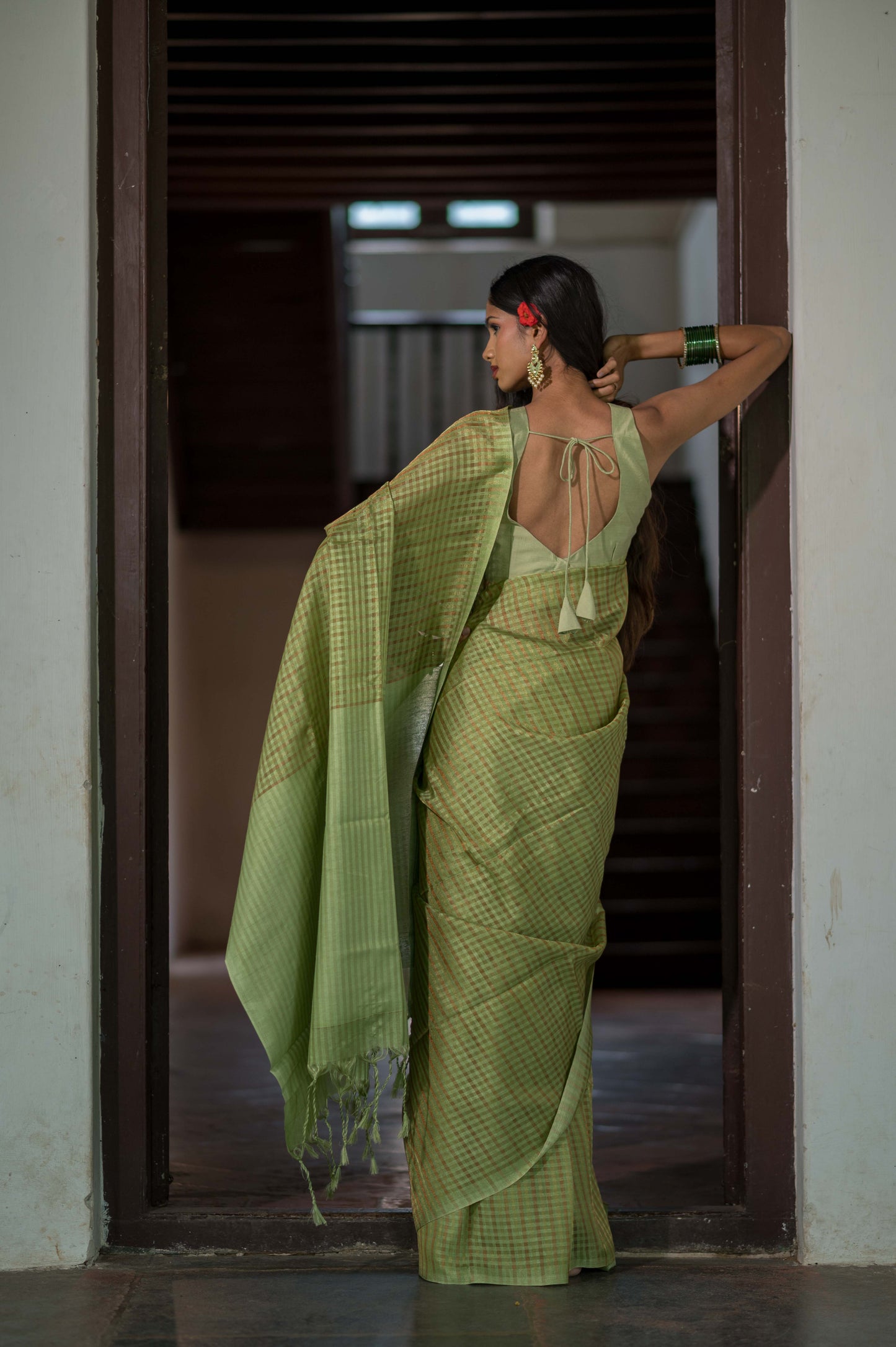 Sage Green Zari Check Cotton Saree