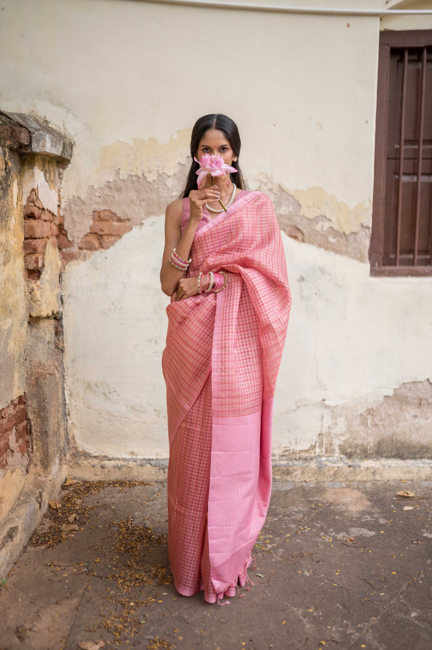 Pastel Pink Zari Check Cotton Saree