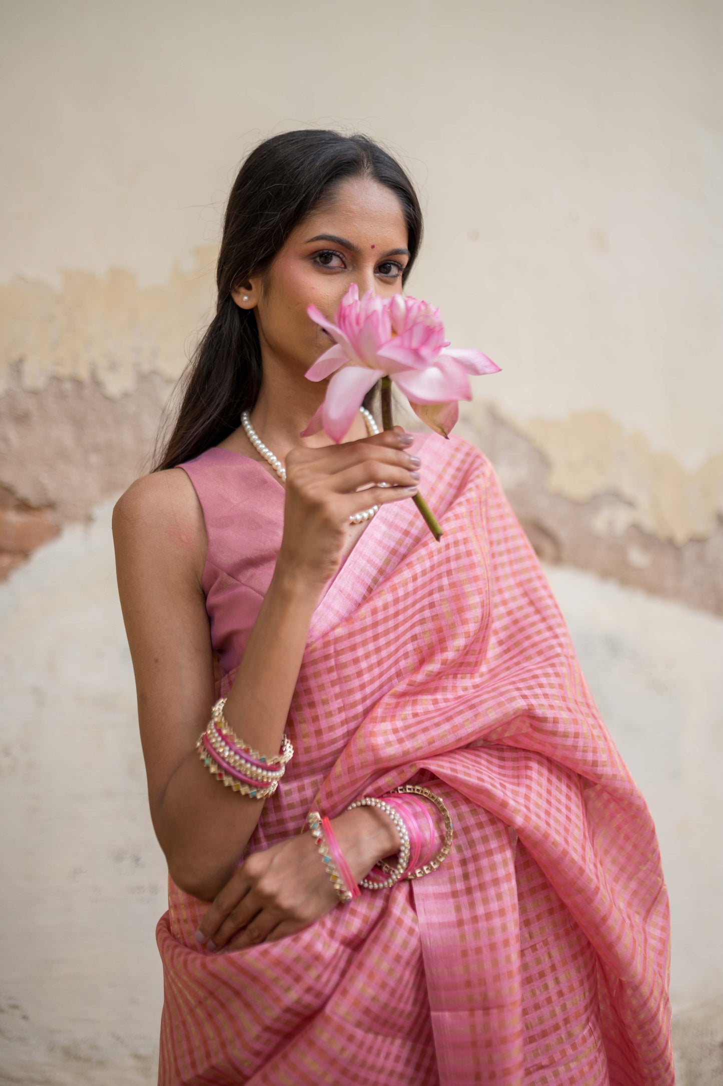 Pastel Pink Zari Check Cotton Saree