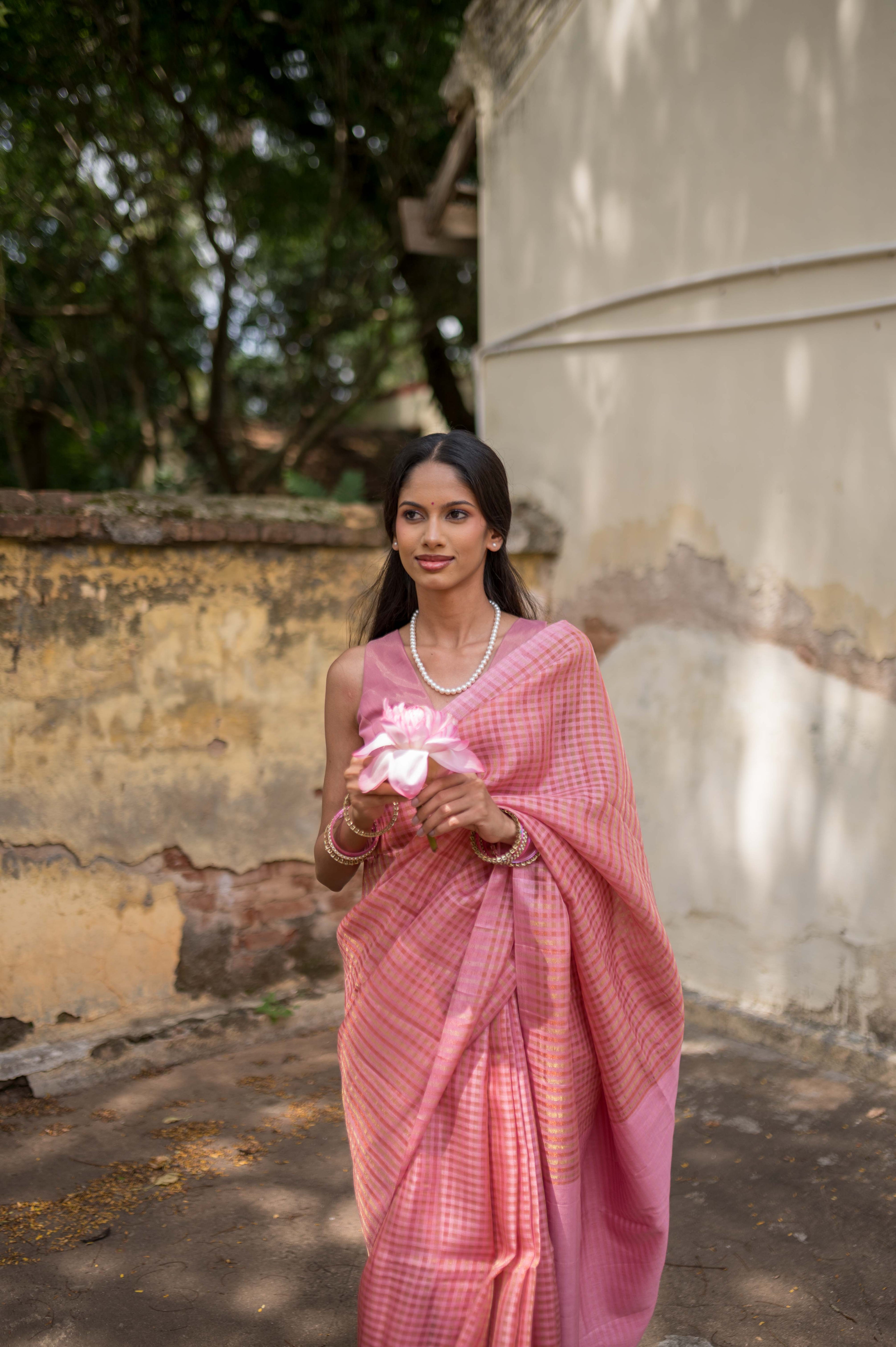Pastel Pink Zari Check Cotton Saree