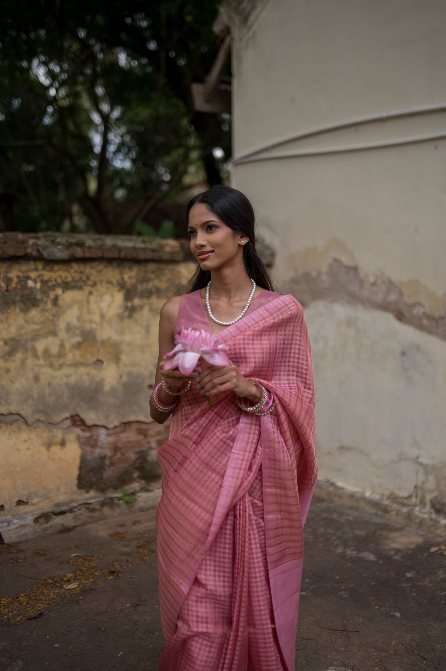 Pastel Pink Zari Check Cotton Saree