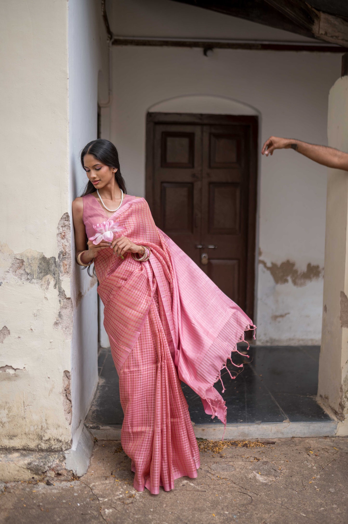 Pastel Pink Zari Check Cotton Saree