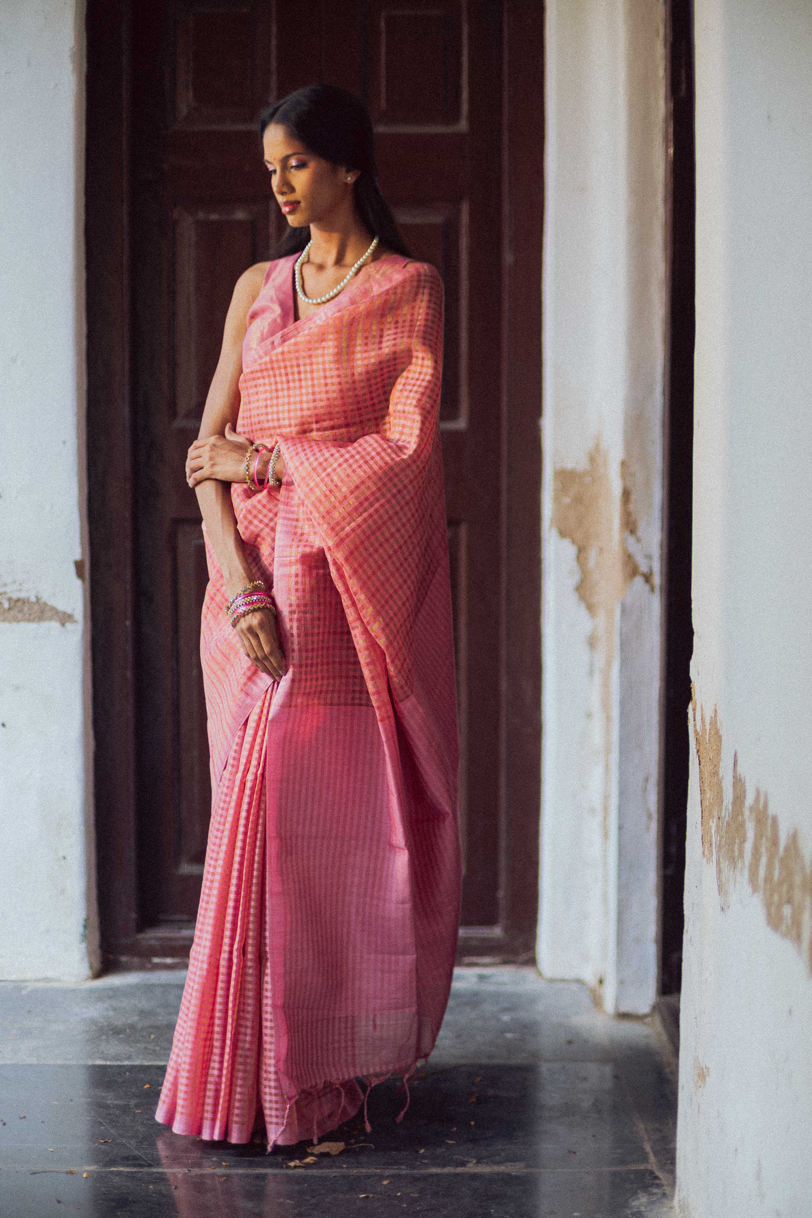 Pastel Pink Zari Check Cotton Saree