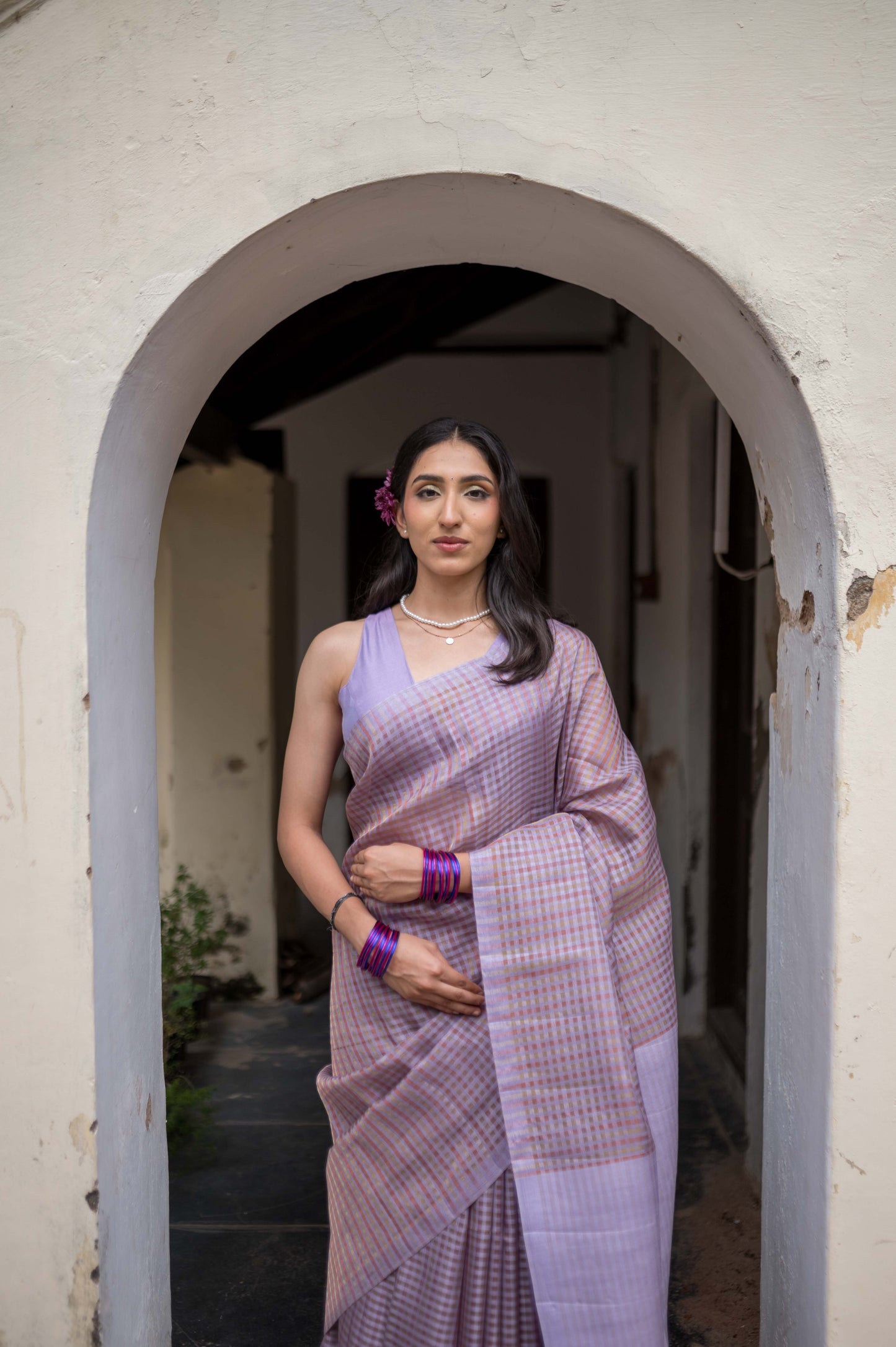 Dusty Lilac Zari Check Cotton Saree