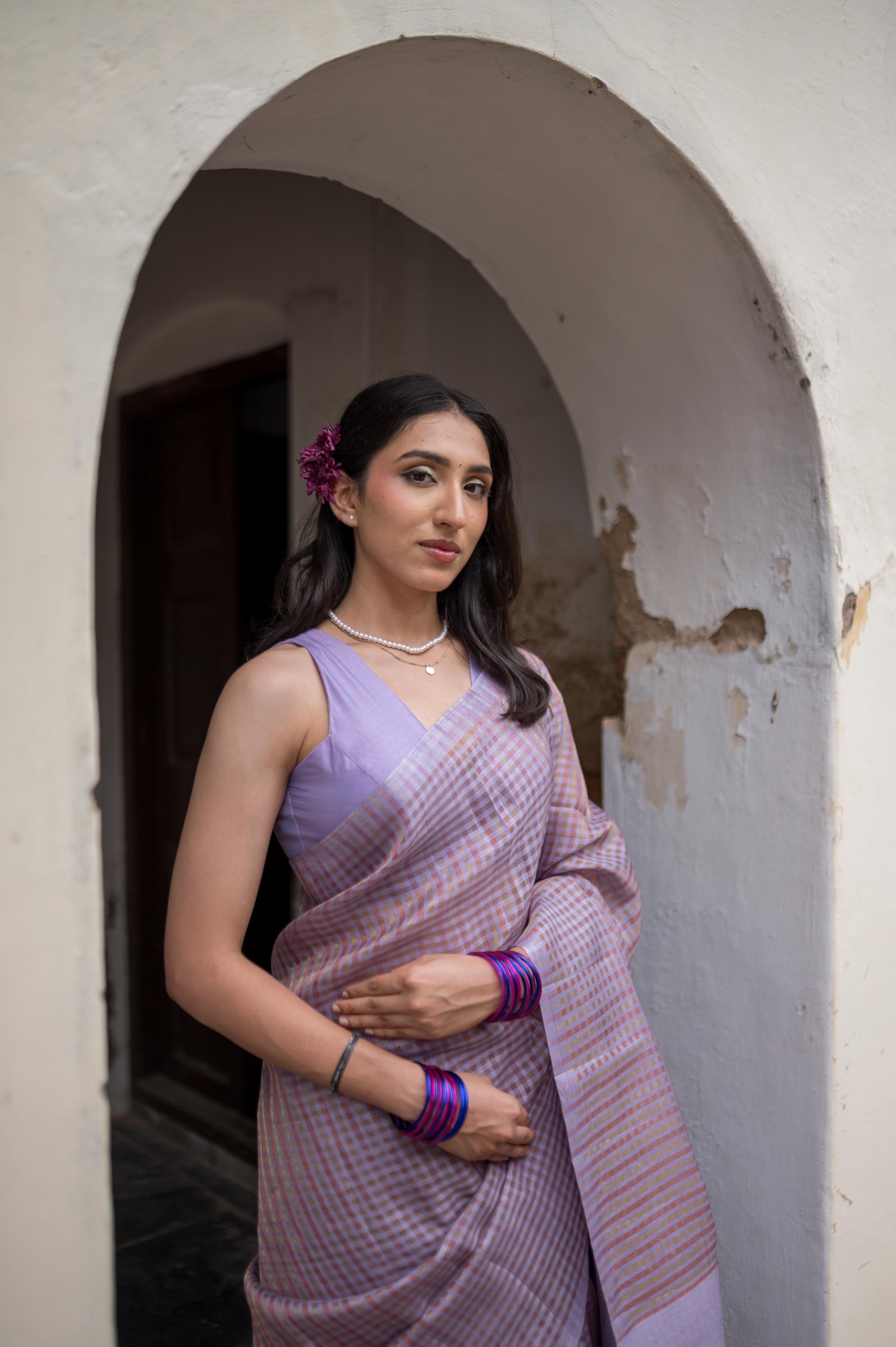 Dusty Lilac Zari Check Cotton Saree