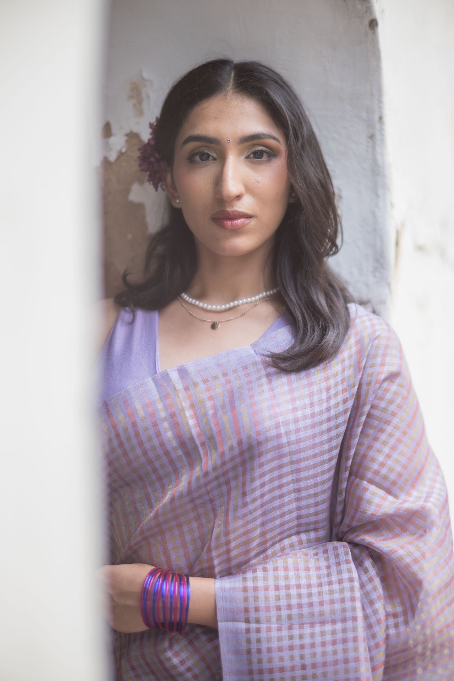 Dusty Lilac Zari Check Cotton Saree