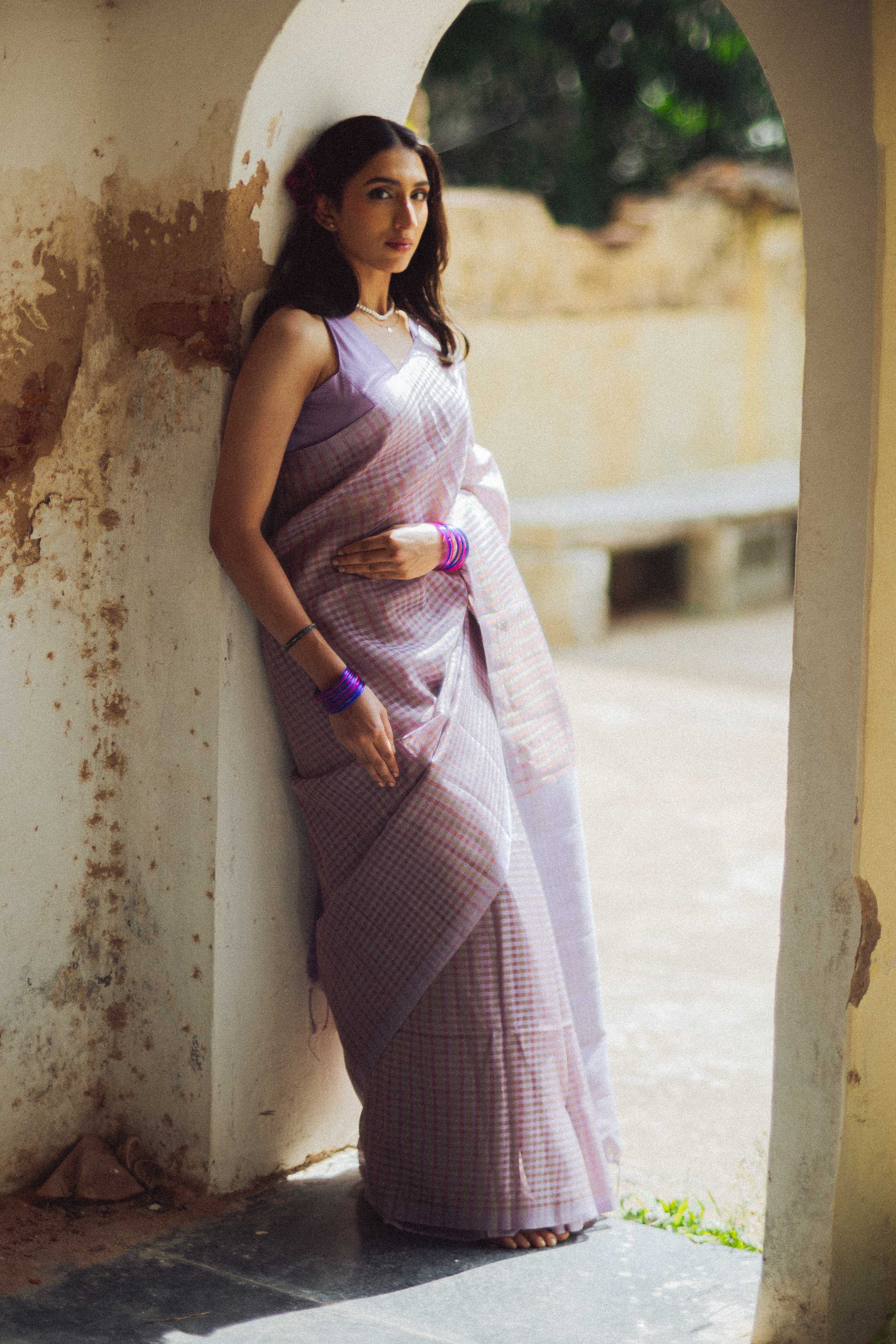 Dusty Lilac Zari Check Cotton Saree