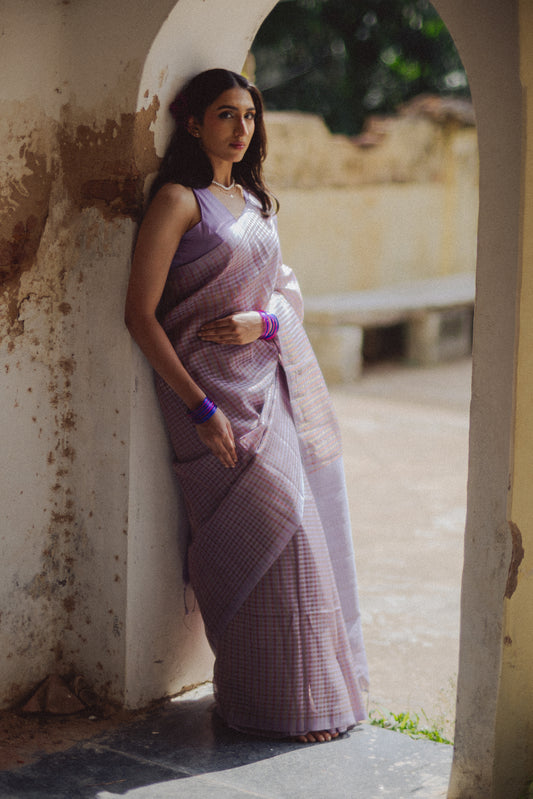 Mora, dusty lilac zari check cotton saree by Pink Trumpet