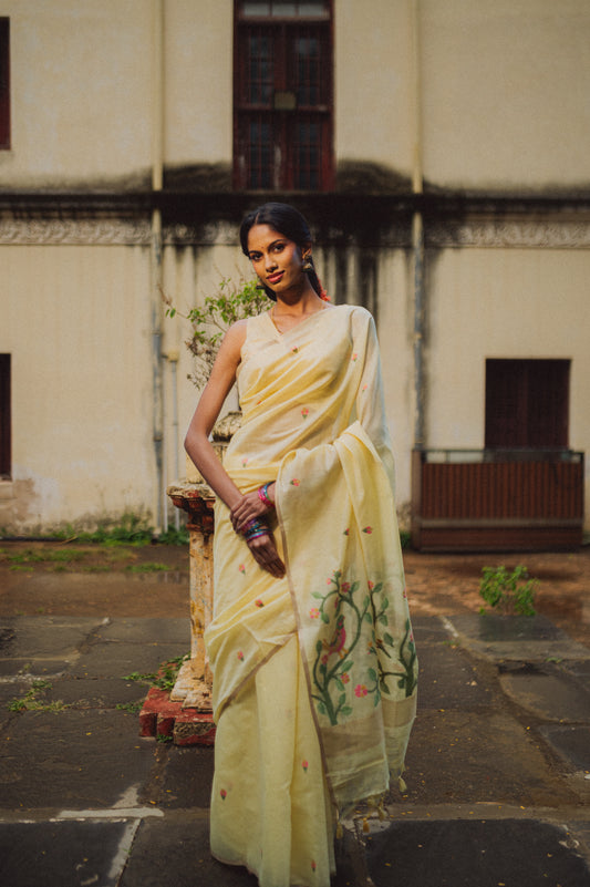 Raga, soft yellow Jamdani cotton saree by Pink Trumpet
