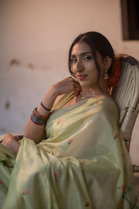 Pista Green Jamdhani Cotton Saree