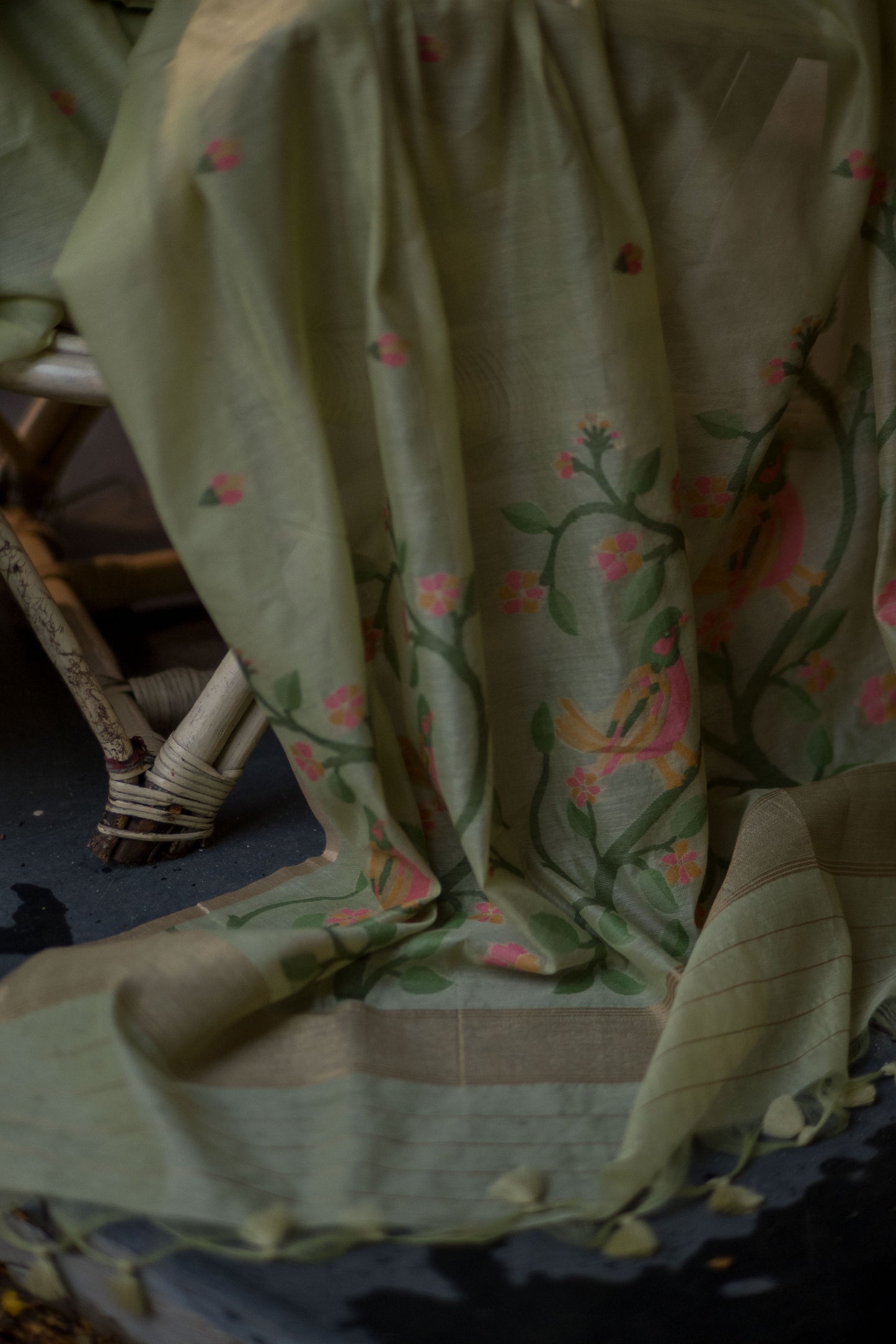 Pista Green Jamdhani Cotton Saree