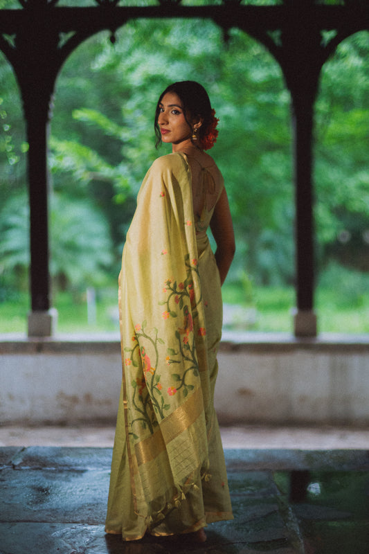 Jiya, pista green Jamdani cotton saree by Pink Trumpet, view 5