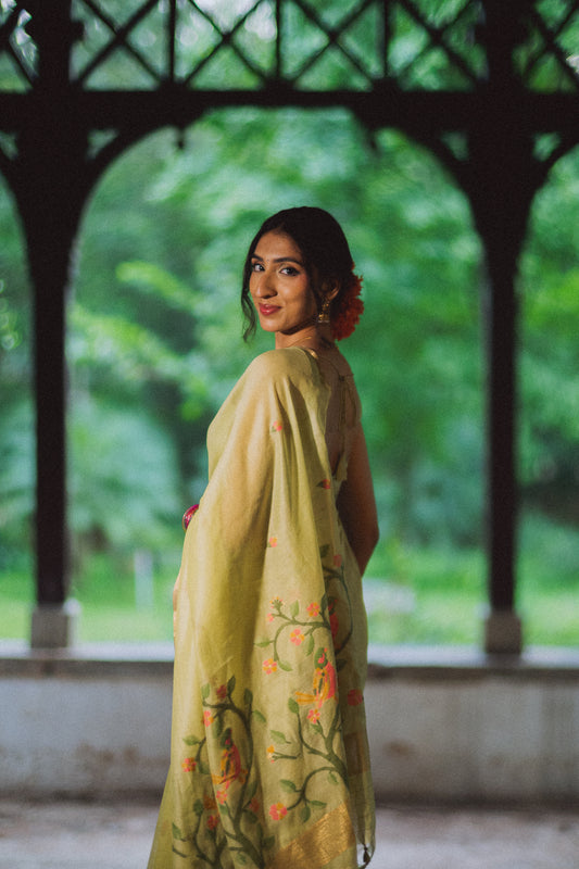 Jiya, pista green Jamdani cotton saree by Pink Trumpet, view 4