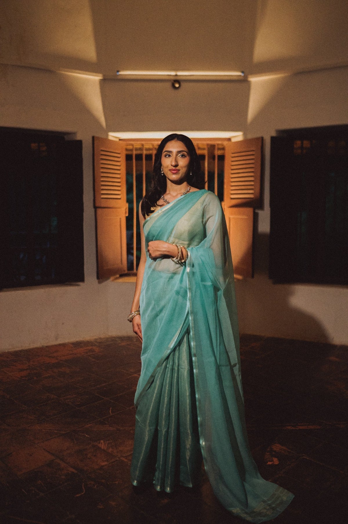 Leher, sky blue tissue cotton saree by Pink Trumpet