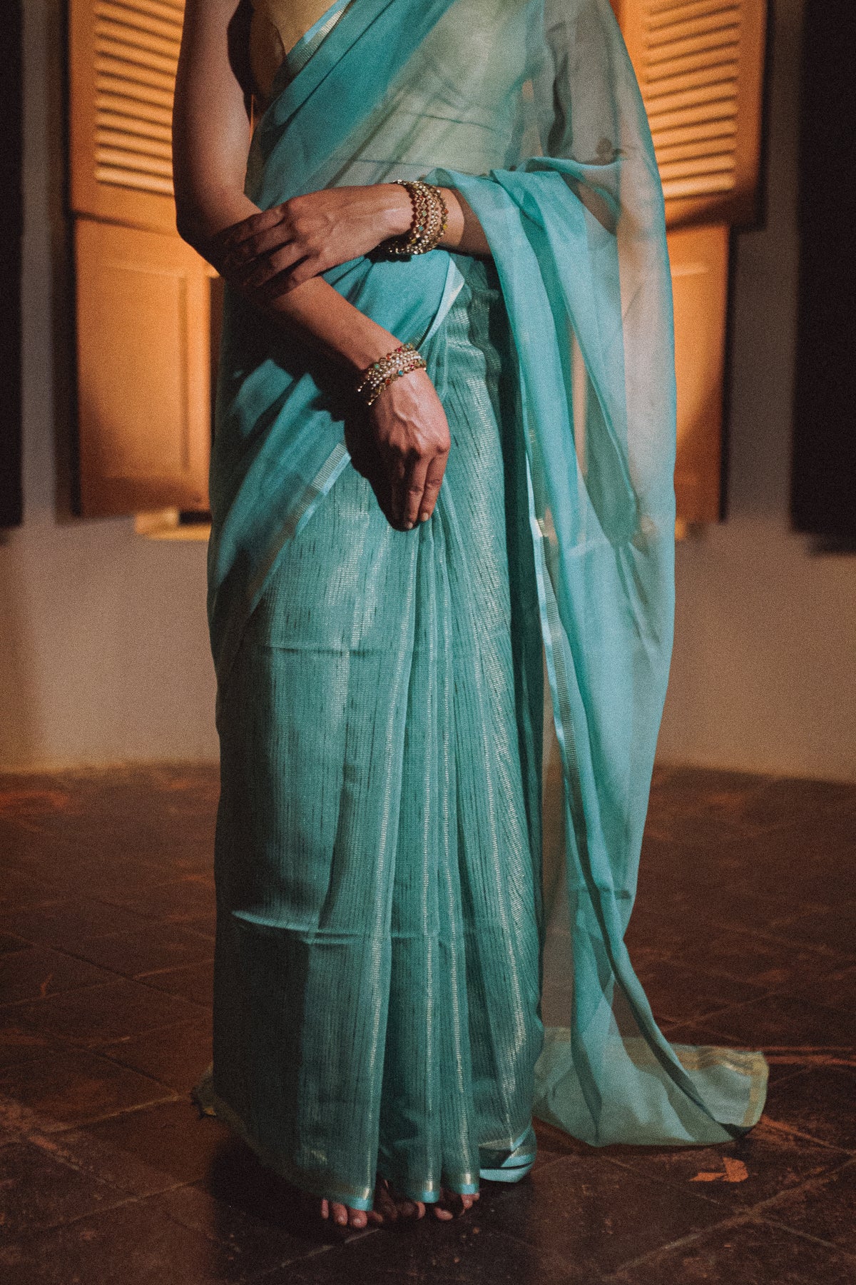 Leher, sky blue tissue cotton saree by Pink Trumpet, view 4