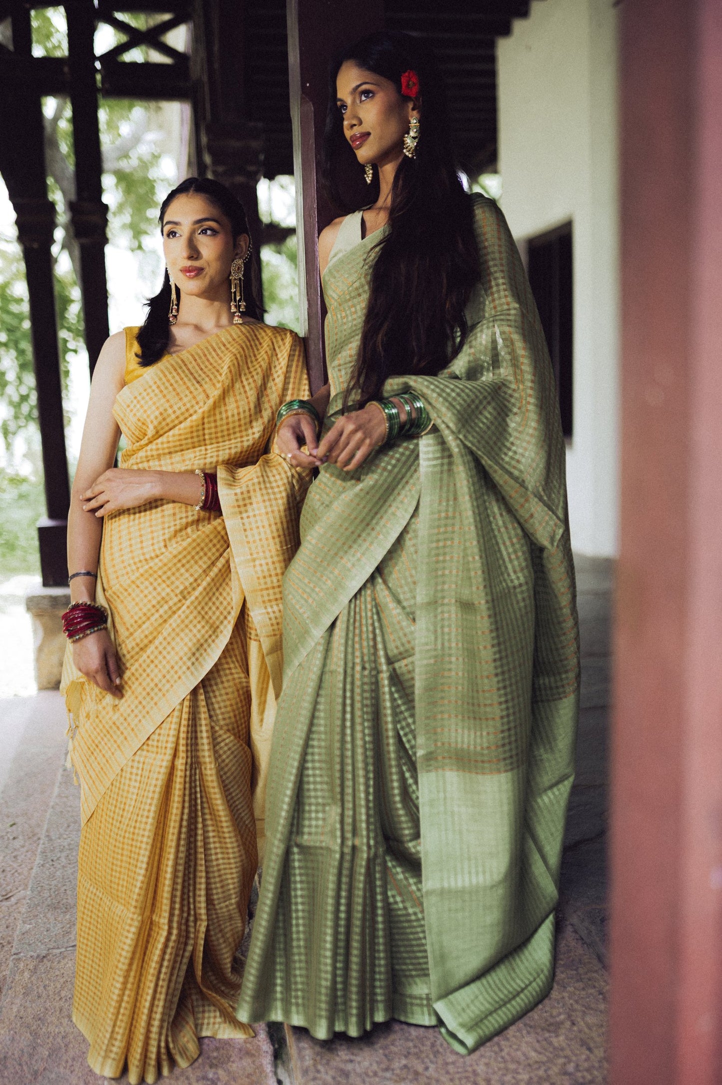 Sage Green Zari Check Cotton Saree