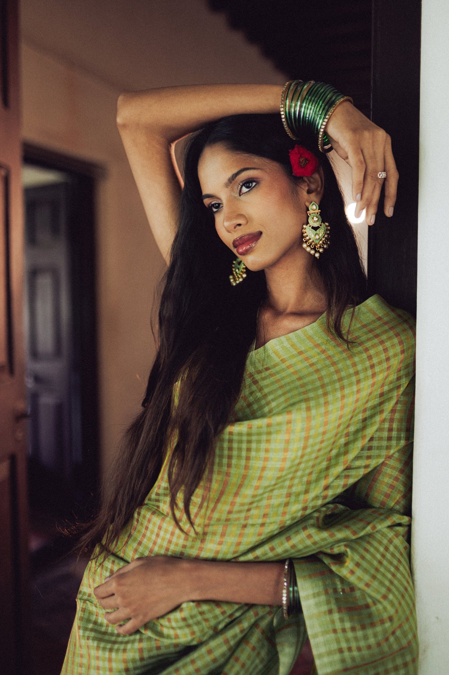 Sage Green Zari Check Cotton Saree